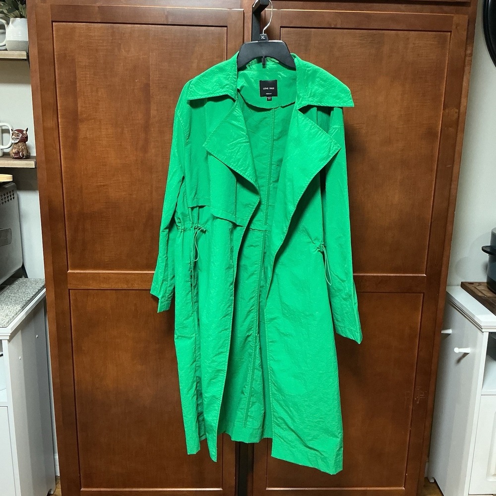 Love Tree Green Nylon Trench Coat M NWOT Lightweight Drawstring Duster